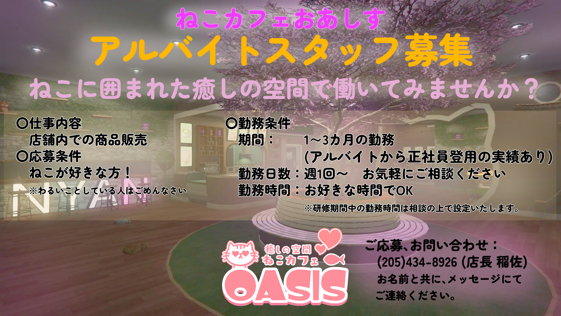 サムネイル：【求人情報】ねこカフェおあしすアルバイト募集のお知らせ【PR】